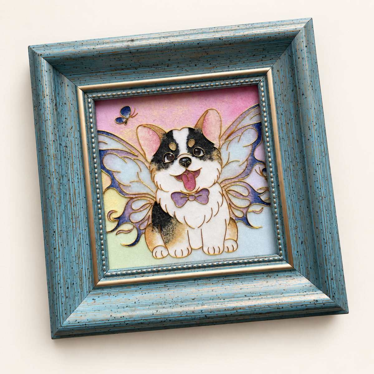 Corgi portrait in a vintage-blue frame, with fine gold-toned outlines and textured colour
