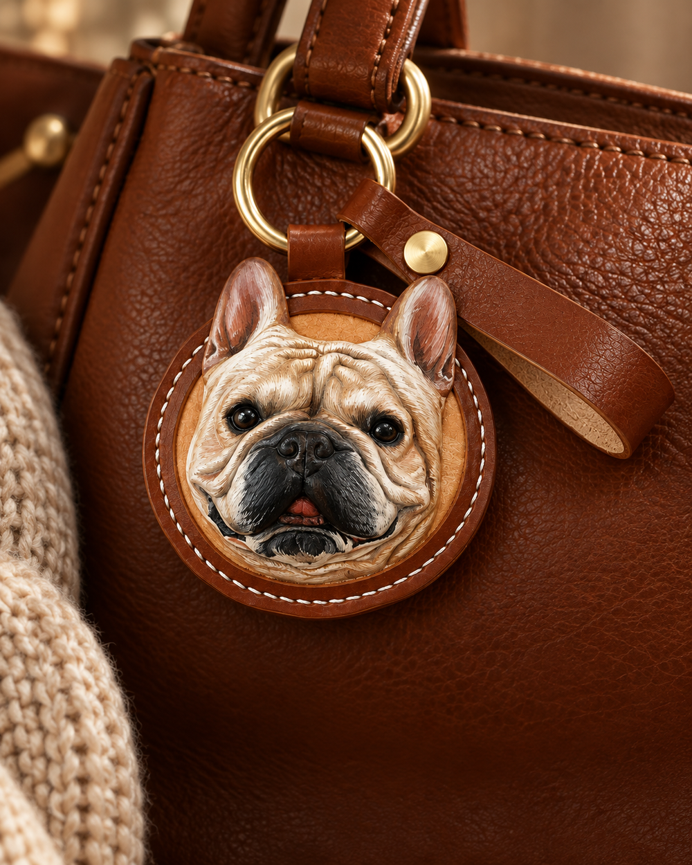 A portrait charm on a leather bag