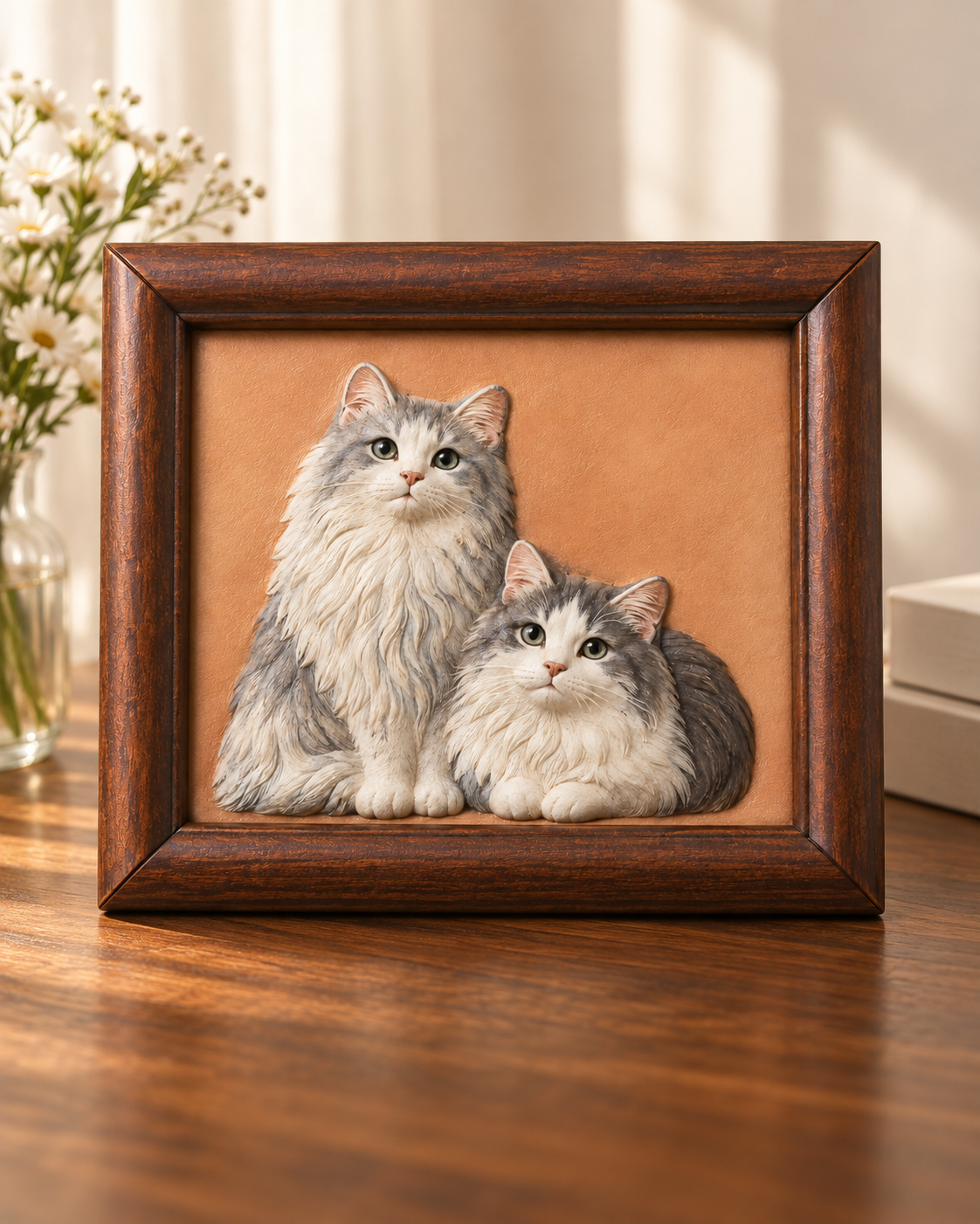 Two-pet leather portrait in a wooden frame