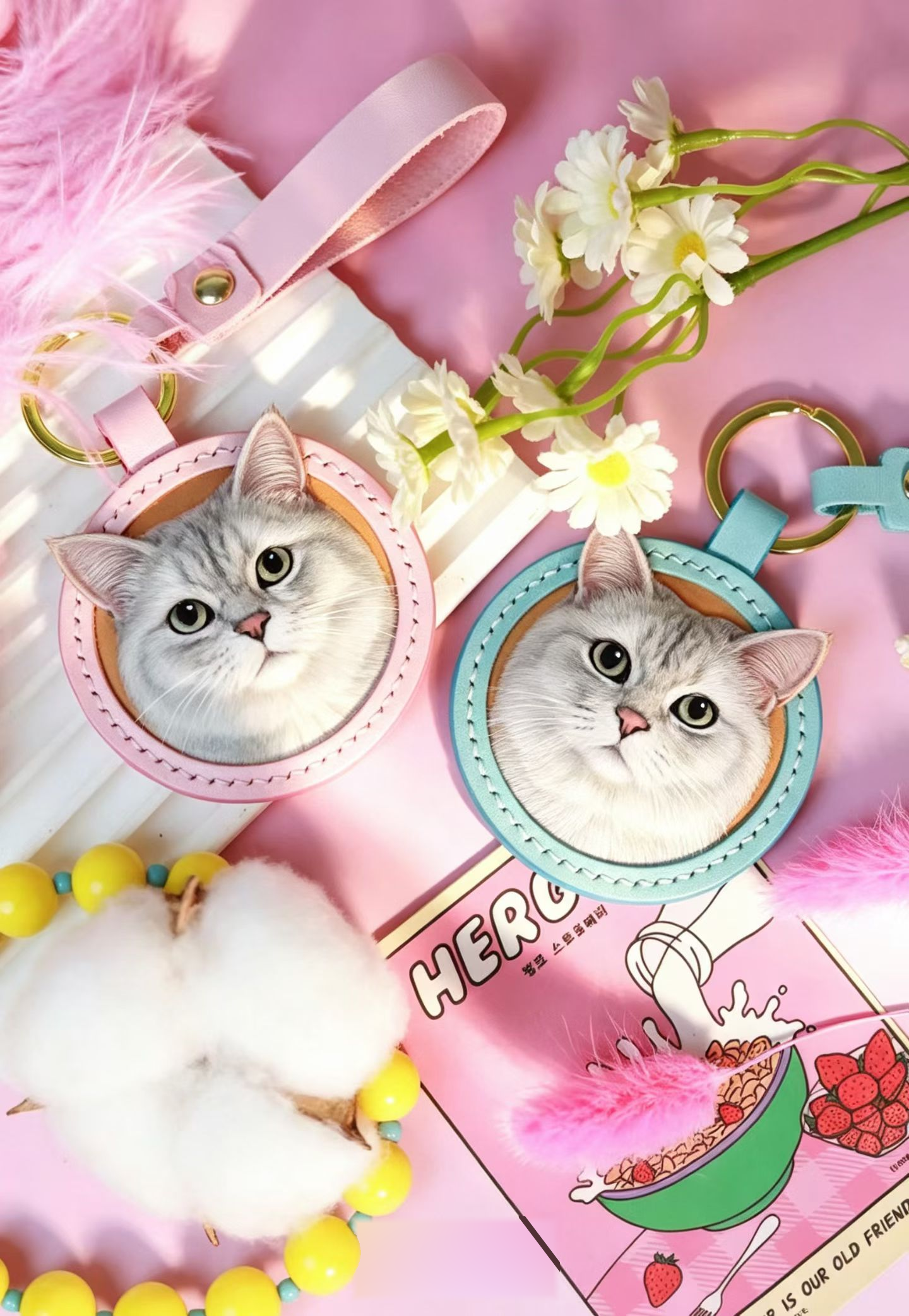 Two real cat portrait round charms photographed by the partner workshop
