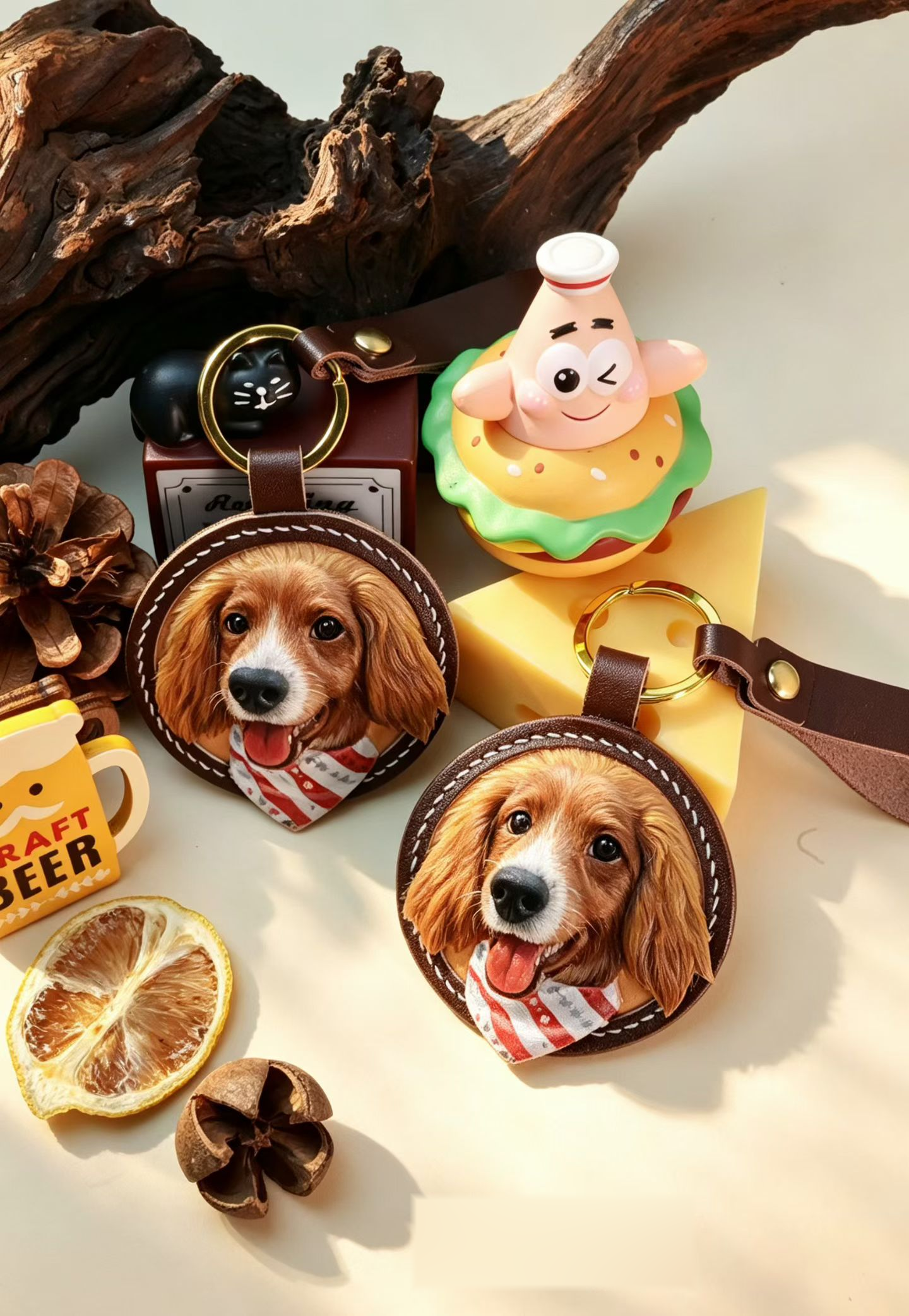 Two real dog portrait round charms showing stitched leather bases, loops and rings