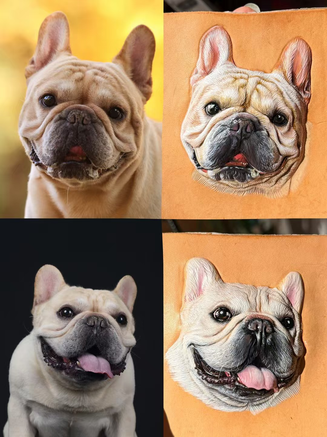 Two French bulldog reference photographs beside their corresponding painted leather portraits